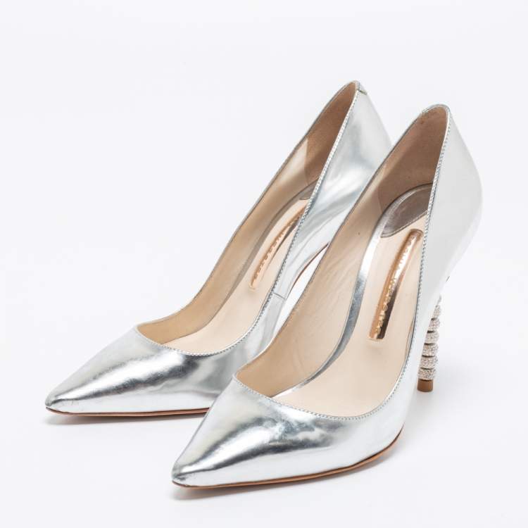 Pre Owned Sophia Webster Silver Patent Leather Coco Crystal Embellished Heel Pointed Toe Pumps Size 37