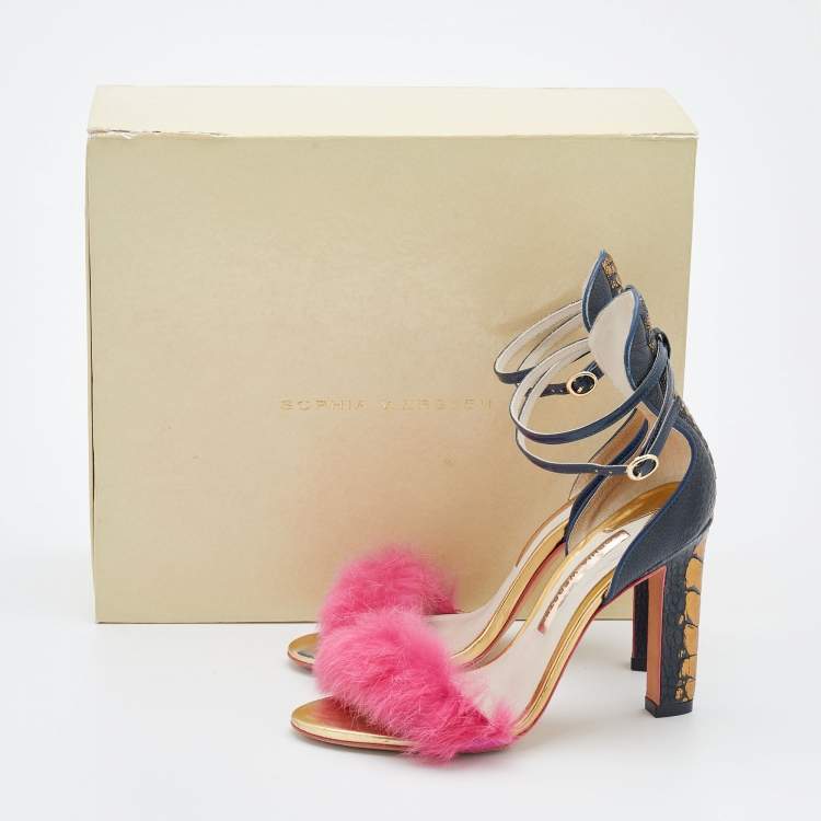 Pre Owned Sophia Webster Multicolor Ostrich Leather And Rabbit Fur Detail Nicole Sandals Size 37.5
