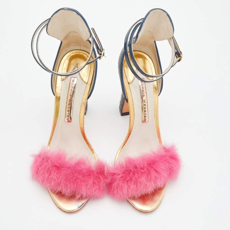 Pre Owned Sophia Webster Multicolor Ostrich Leather And Rabbit Fur Detail Nicole Sandals Size 37.5