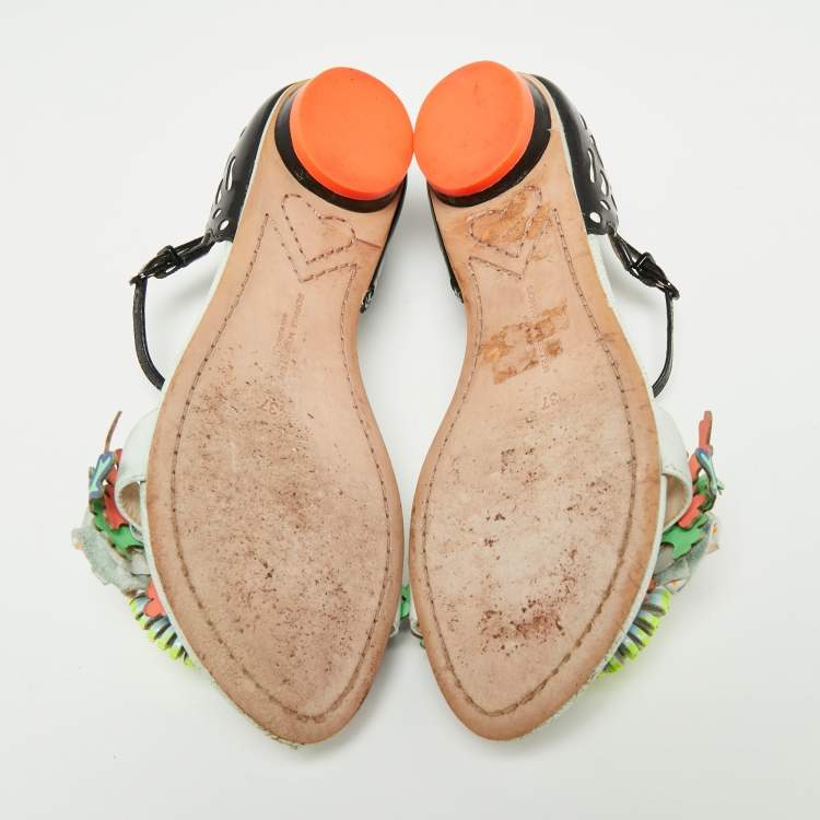 Pre Owned Sophia Webster Multicolor Patent And Leather Lilico Underwater Floral Embellished Flat Sandals Size 37 