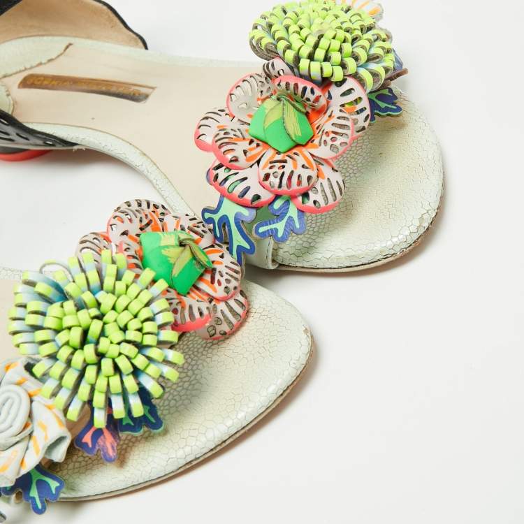 Pre Owned Sophia Webster Multicolor Patent And Leather Lilico Underwater Floral Embellished Flat Sandals Size 37 