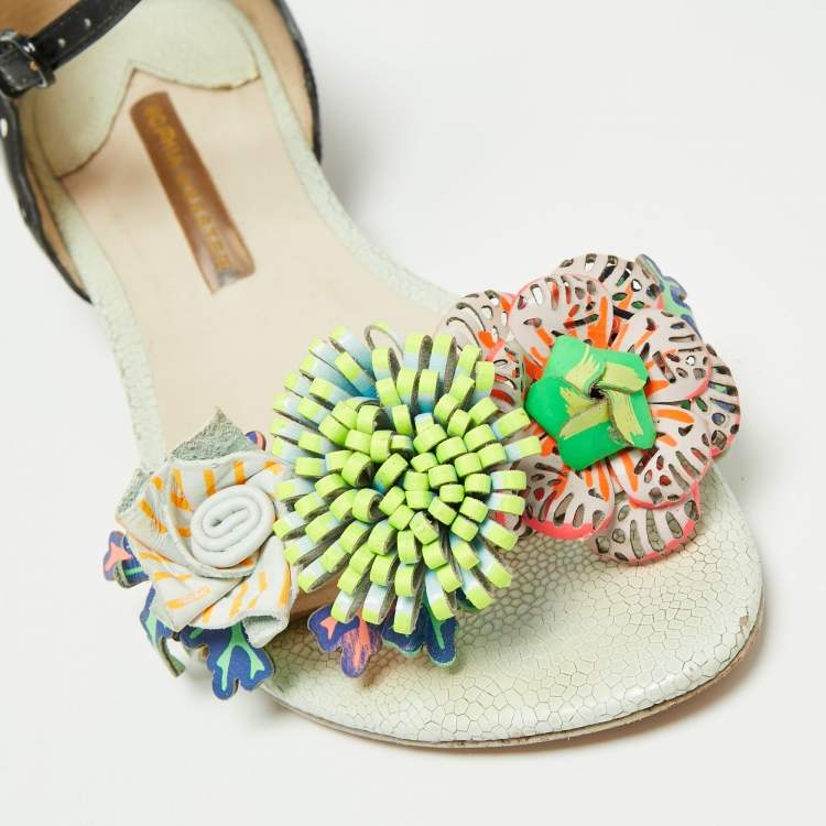 Pre Owned Sophia Webster Multicolor Patent And Leather Lilico Underwater Floral Embellished Flat Sandals Size 37 