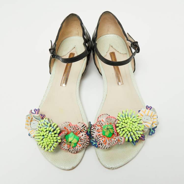 Pre Owned Sophia Webster Multicolor Patent And Leather Lilico Underwater Floral Embellished Flat Sandals Size 37 