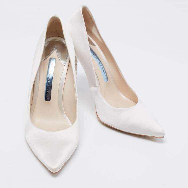 Pre Owned Sophia Webster White Satin Coco Crystal Embellished Heel Pumps Size 35