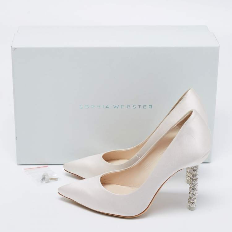 Pre Owned Sophia Webster White Satin Coco Crystal Embellished Heel Pumps Size 35