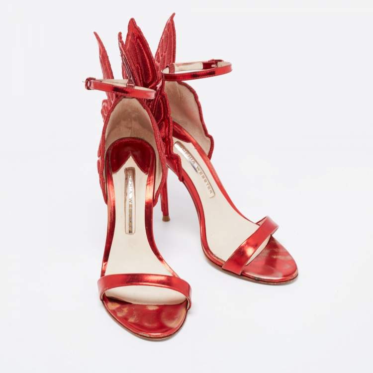 مملوكة مسبقًا Sophia Webster Red Leather Chiara Butterfly Ankle Strap Sandals Size 36.5