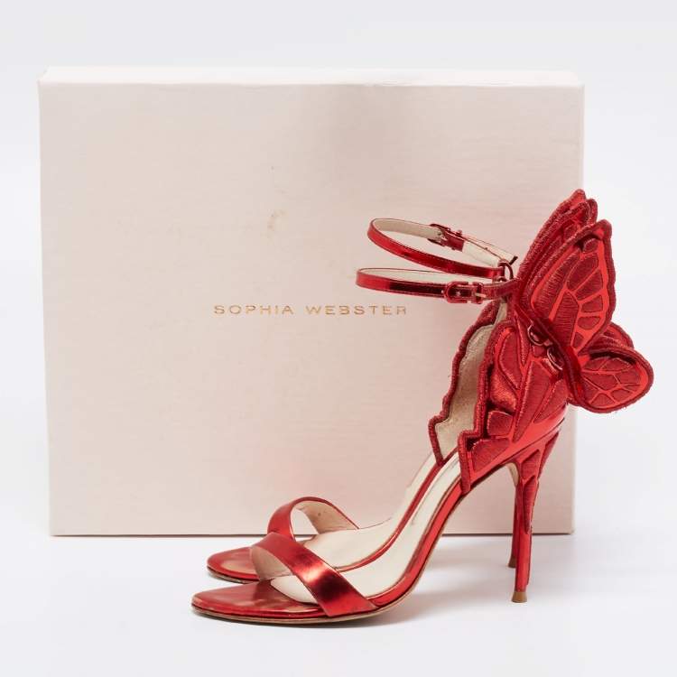 مملوكة مسبقًا Sophia Webster Red Leather Chiara Butterfly Ankle Strap Sandals Size 36.5