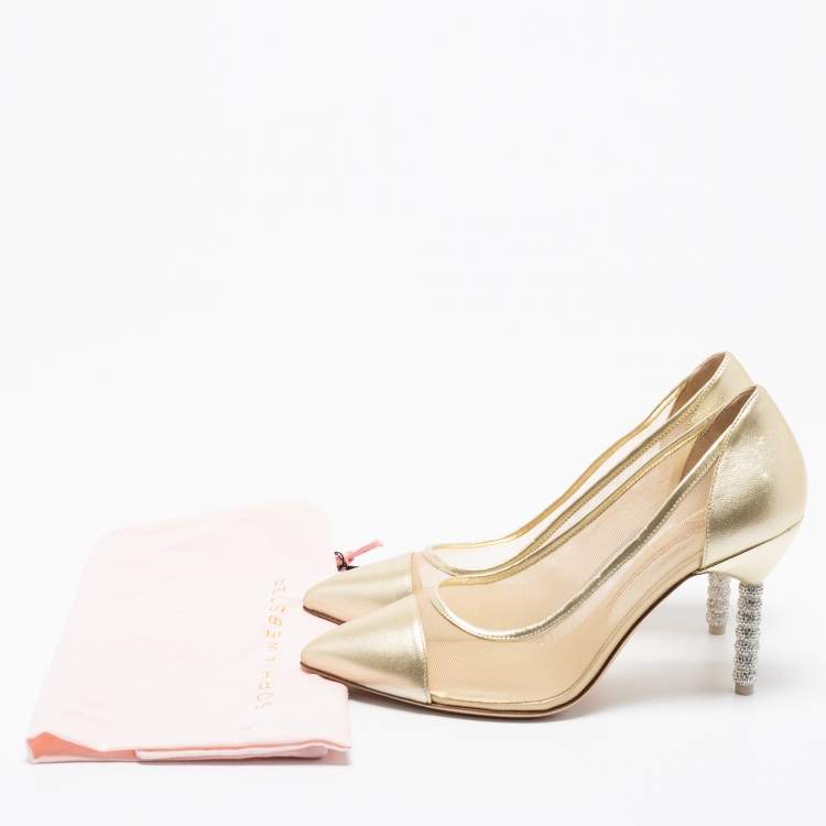 Pre Owned Sophia Webster Gold Leather and Mesh Jasmine Embellished Heel Pumps Size 39