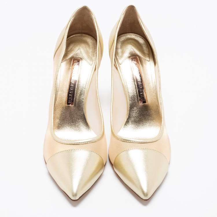 Pre Owned Sophia Webster Gold Leather and Mesh Jasmine Embellished Heel Pumps Size 39
