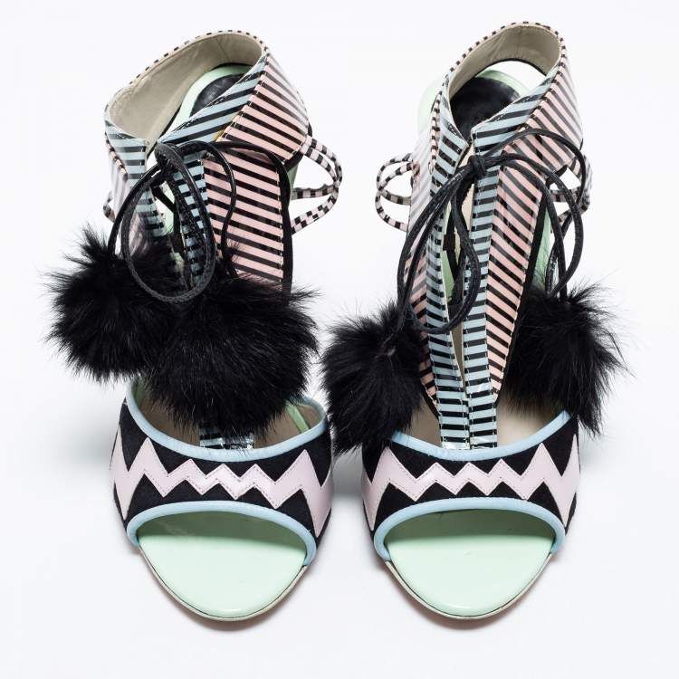 Pre Owned Sophia Webster Multicolor Patent Leather And Rabbit Fur Pom Pom Ankle Tie Up Sandals Size 39