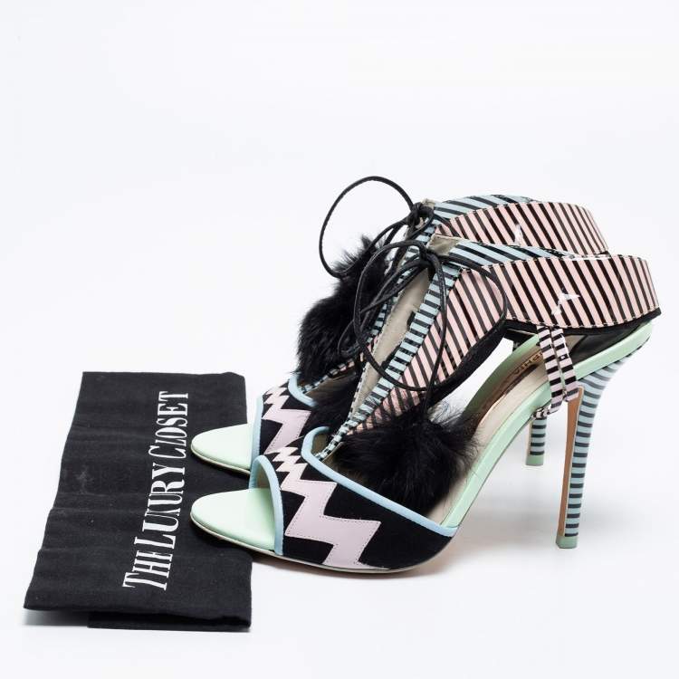 Pre Owned Sophia Webster Multicolor Patent Leather And Rabbit Fur Pom Pom Ankle Tie Up Sandals Size 39