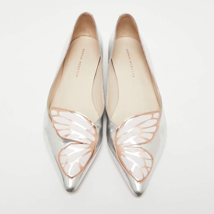 Pre Owned Sophia Webster Silver Leather Bibi Butterfly Ballet Flats Size 39.5