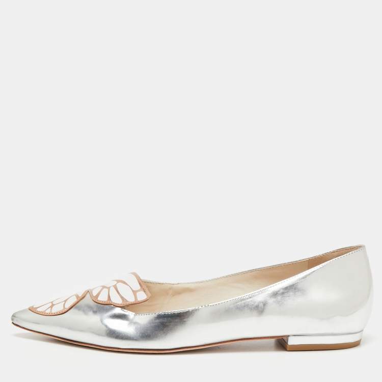 Pre Owned Sophia Webster Silver Leather Bibi Butterfly Ballet Flats Size 39.5