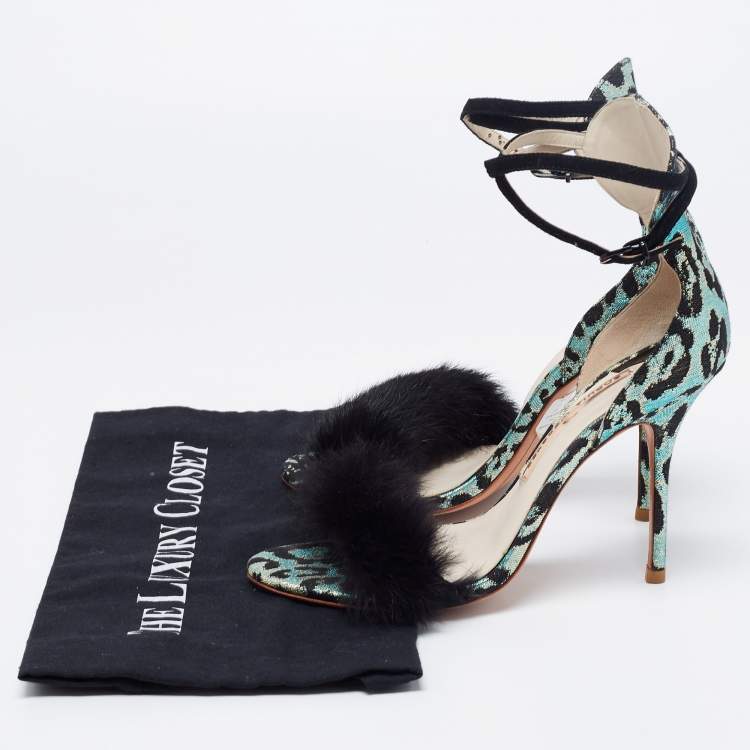 Pre Owned Sophia Webster Multicolor Leopard Print Jacquard and Fur-trimmed Sandals Size 38.5