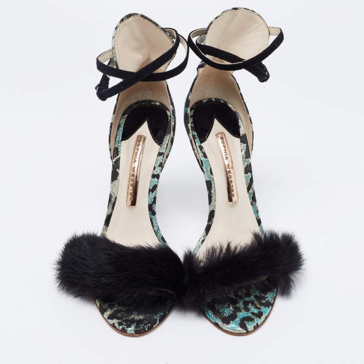 Pre Owned Sophia Webster Multicolor Leopard Print Jacquard and Fur-trimmed Sandals Size 38.5