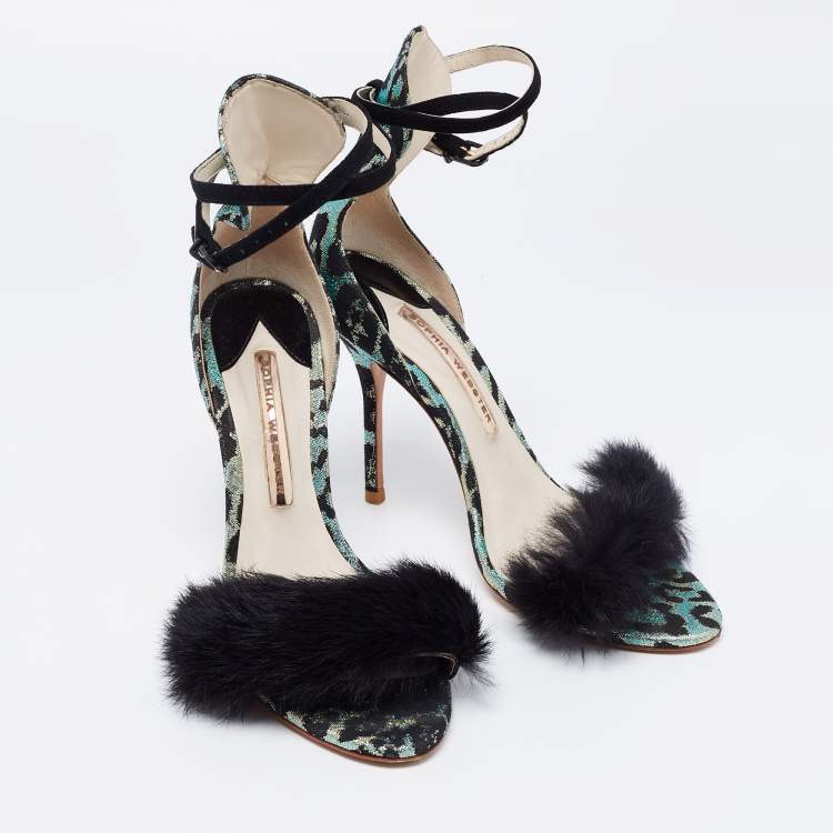 Pre Owned Sophia Webster Multicolor Leopard Print Jacquard and Fur-trimmed Sandals Size 38.5