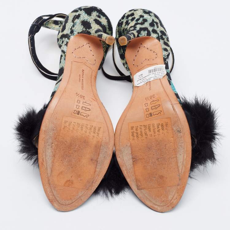 Pre Owned Sophia Webster Multicolor Leopard Print Jacquard and Fur-trimmed Sandals Size 38.5
