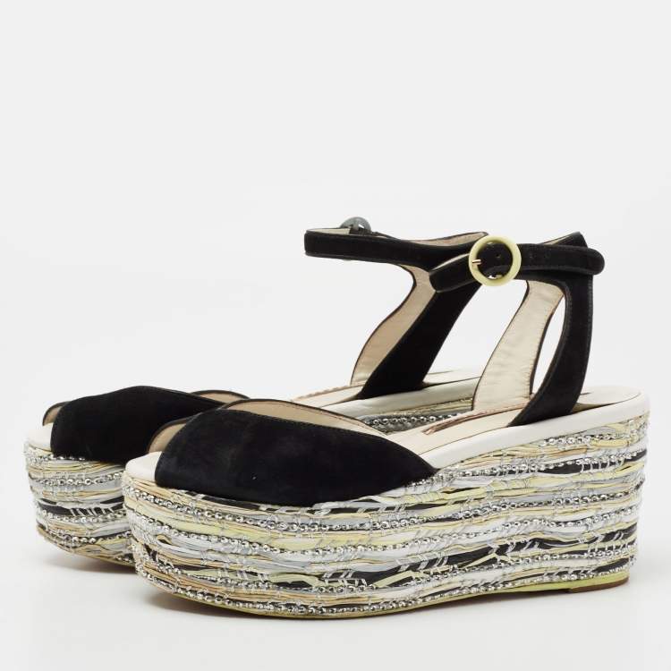 Pre Owned Sophia Webster Black Suede Platform Wedge Sandals Size 36.5