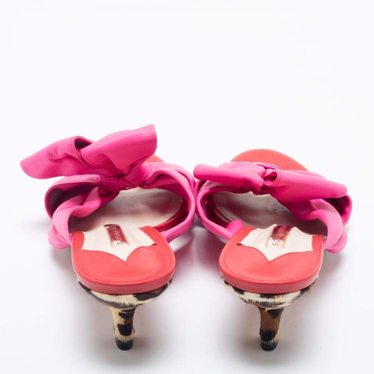 Pre Owned Sophia Webster Tricolor Leather And Calf Hair Bow Detail Slide  Sandals Size 39