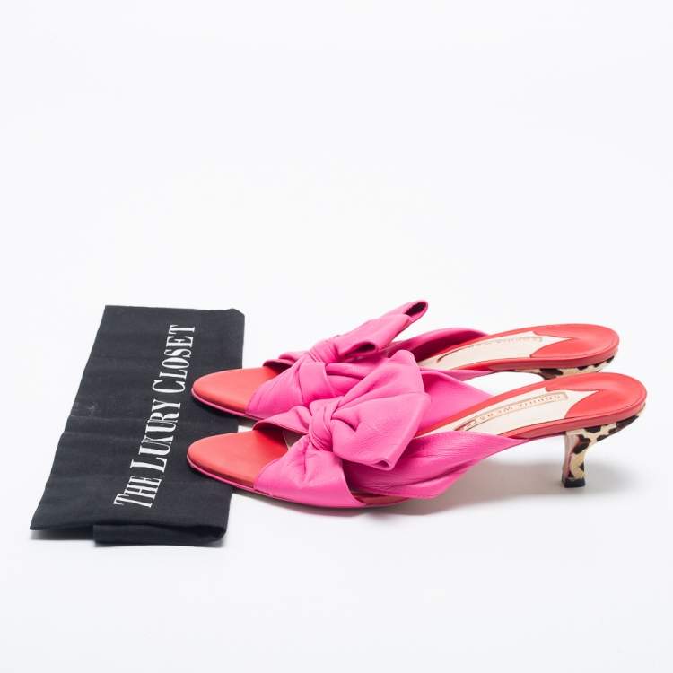 Pre Owned Sophia Webster Tricolor Leather And Calf Hair Bow Detail Slide  Sandals Size 39