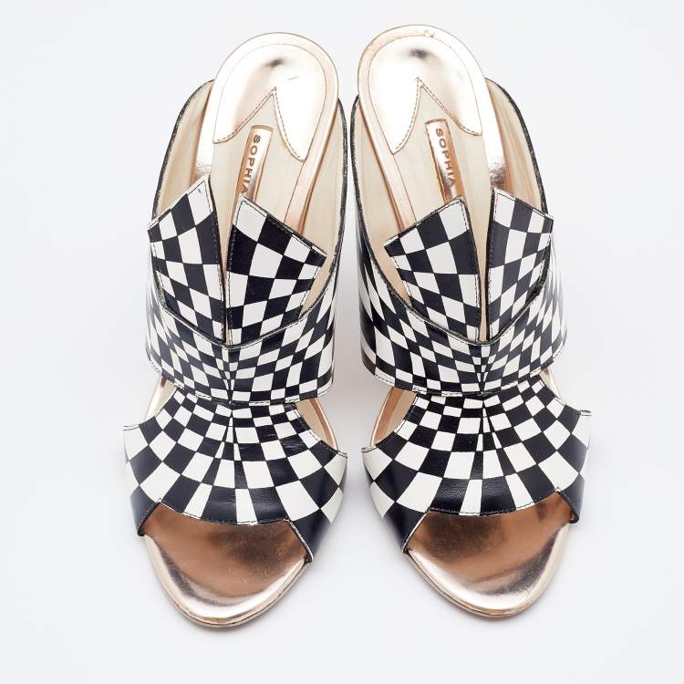 مملوكة مسبقًا Sophia Webster White/Black Check Print Leather Slide Sandals Size 39