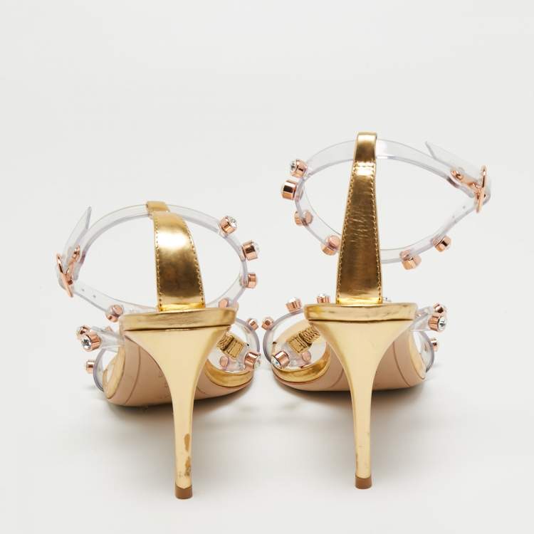 Pre Owned Sophia Webster White/Gold  Leather And PVC Crystal Embellished Ankle Strap Sandals Size 40