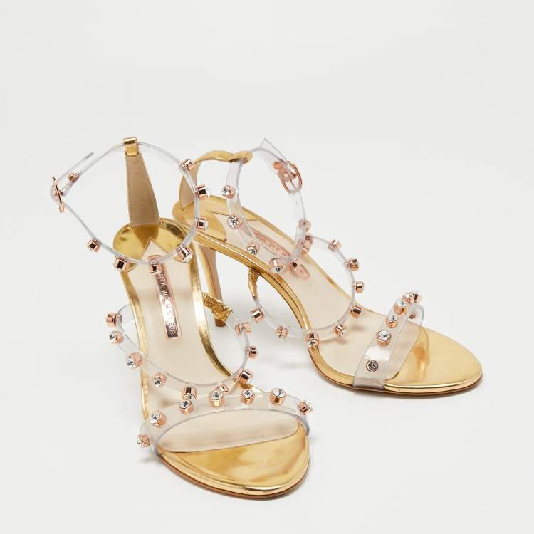 Pre Owned Sophia Webster White/Gold  Leather And PVC Crystal Embellished Ankle Strap Sandals Size 40