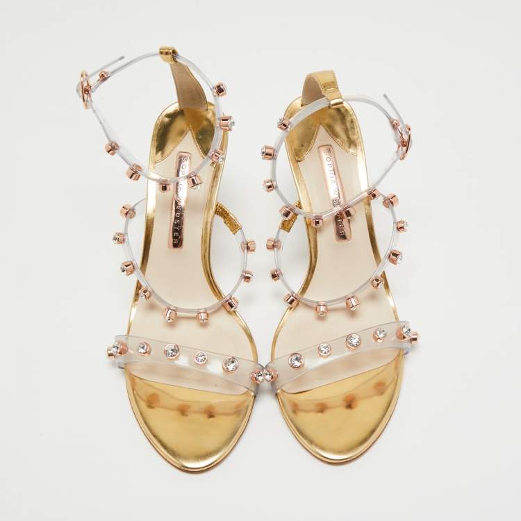 Pre Owned Sophia Webster White/Gold  Leather And PVC Crystal Embellished Ankle Strap Sandals Size 40