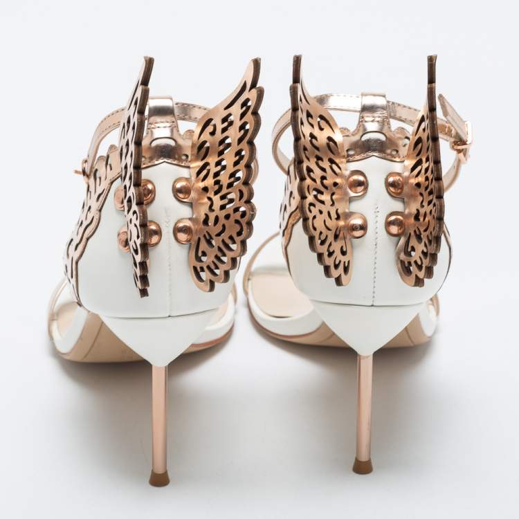Pre Owned Sophia Webster Rose Gold/White Leather Evangeline Laser Cut Angel Wing Ankle Strap Sandals Size 40