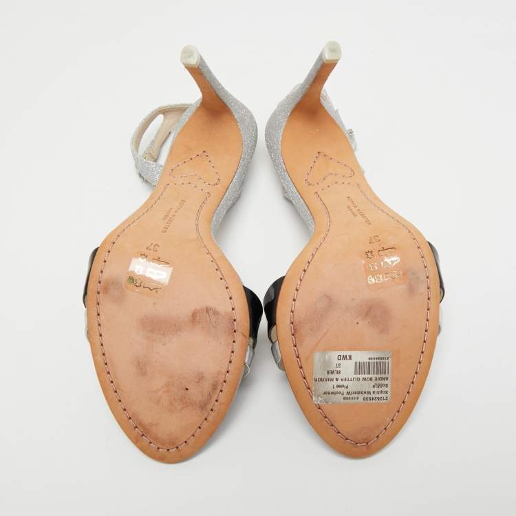 Pre Owned Sophia Webster Silver/Black Glitter, Patent and Leather Andie Sandals Size 37