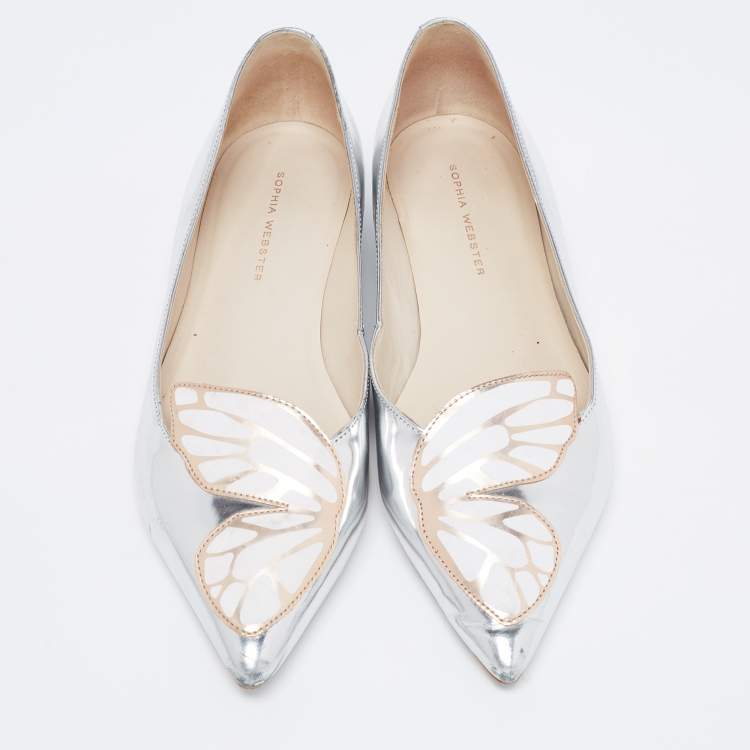 Pre Owned Sophia Webster Silver Patent Leather Bibi Butterfly Flats Size 37.5