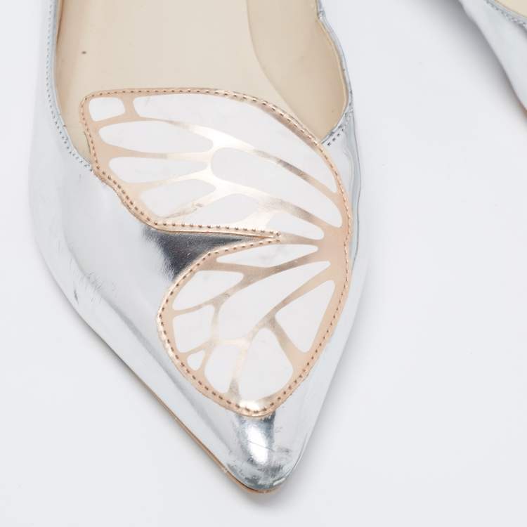 Pre Owned Sophia Webster Silver Patent Leather Bibi Butterfly Flats Size 37.5