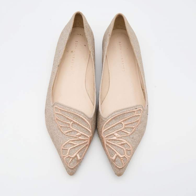 Pre Owned Sophia Webster Beige Shimmer Leather Bibi Butterfly Ballet Flats Size 37