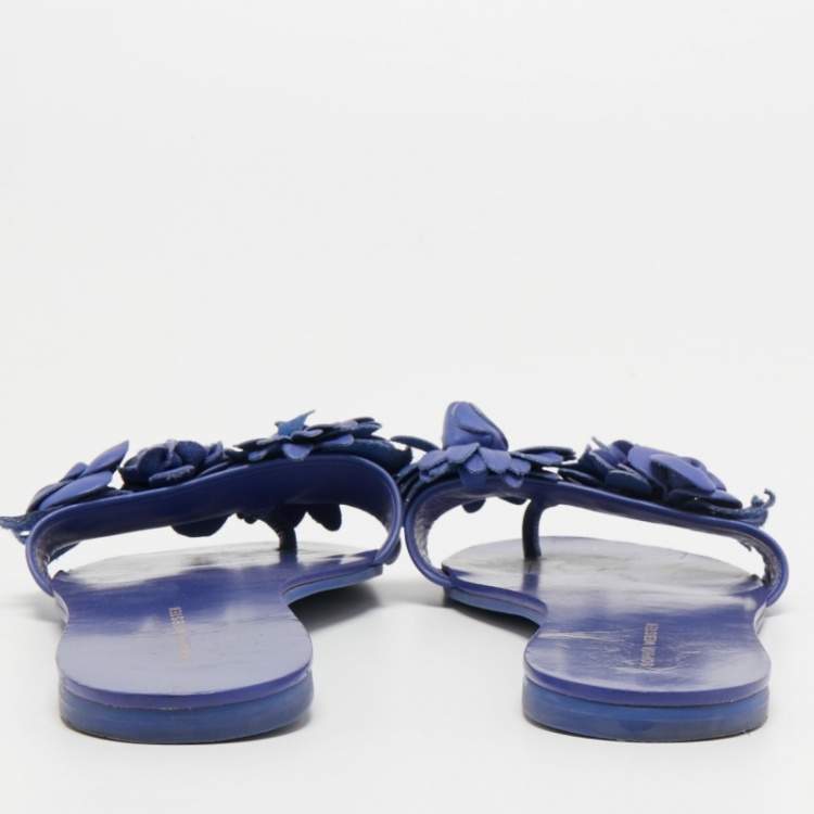 Pre Owned Sophia Webster Blue Leather Lilico Floral Flat Slides Size 37