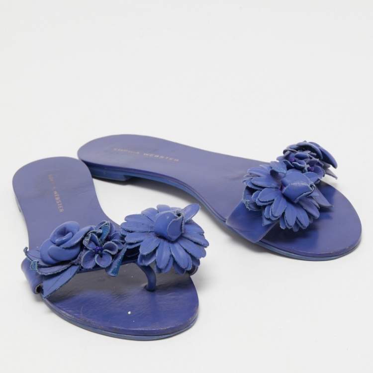 Pre Owned Sophia Webster Blue Leather Lilico Floral Flat Slides Size 37
