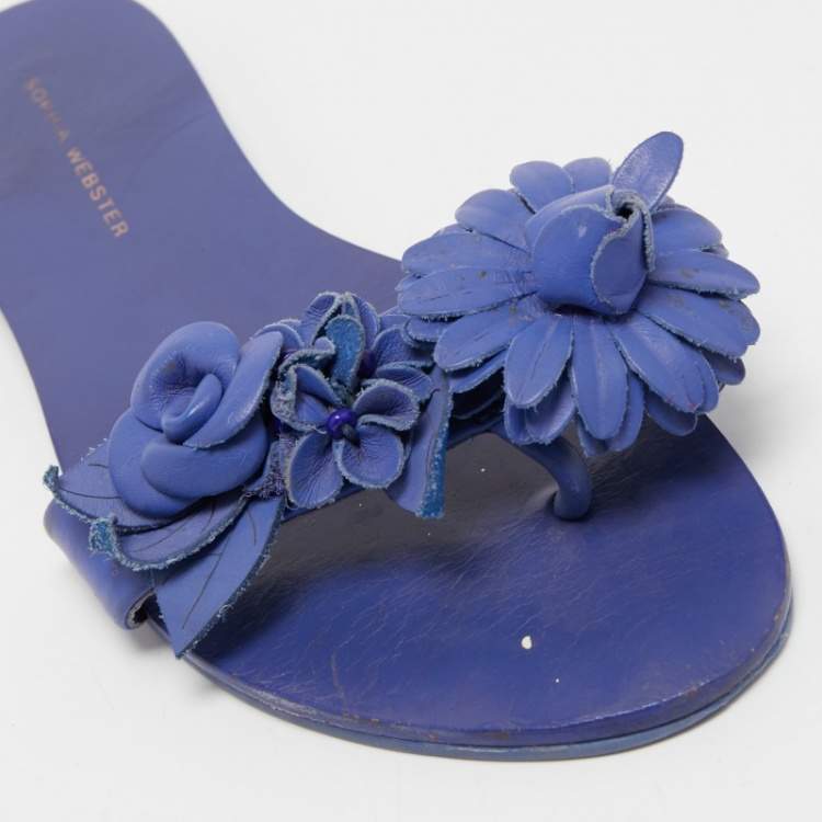 Pre Owned Sophia Webster Blue Leather Lilico Floral Flat Slides Size 37