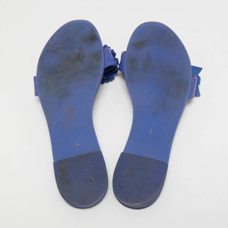 Pre Owned Sophia Webster Blue Leather Lilico Floral Flat Slides Size 37