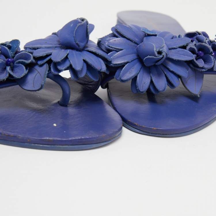 Pre Owned Sophia Webster Blue Leather Lilico Floral Flat Slides Size 37