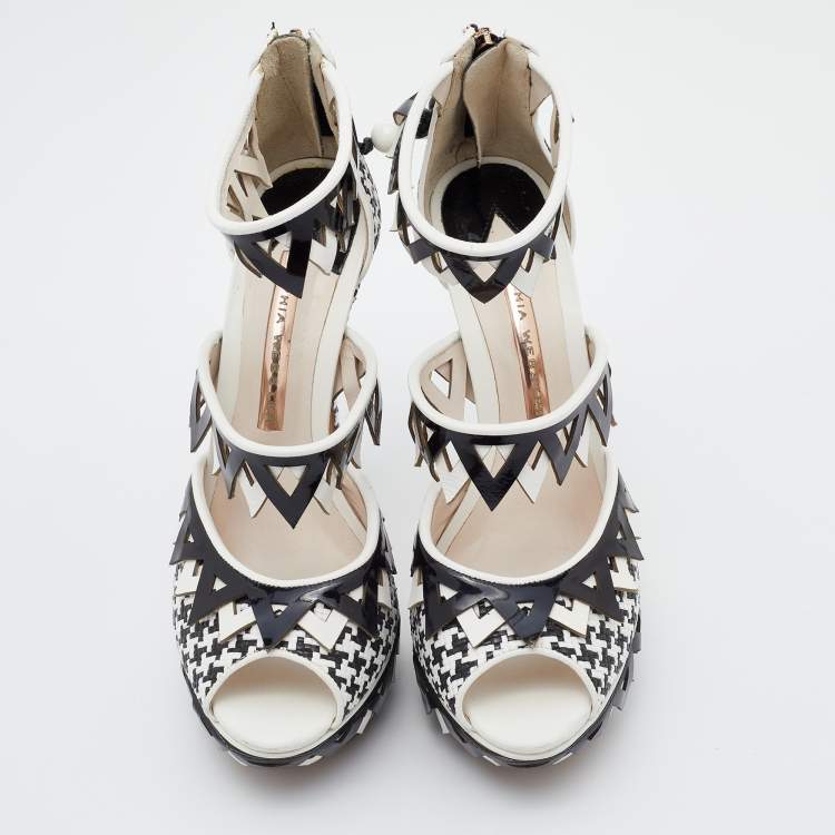 Pre Owned Sophia Webster Black/White Woven Raffia and Leather Platform Ankle Strap Sandals Size 36
