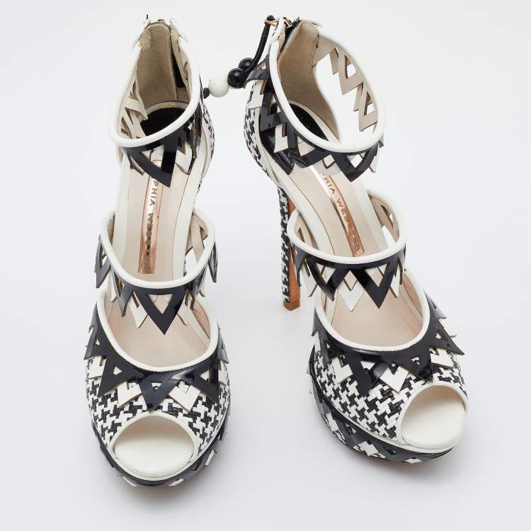 Pre Owned Sophia Webster Black/White Woven Raffia and Leather Platform Ankle Strap Sandals Size 36