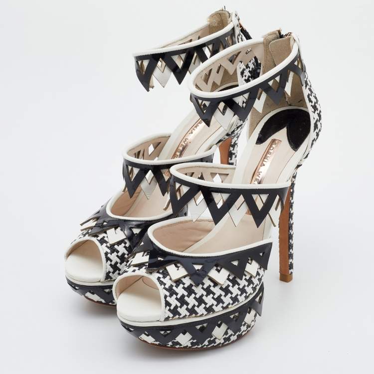 Pre Owned Sophia Webster Black/White Woven Raffia and Leather Platform Ankle Strap Sandals Size 36