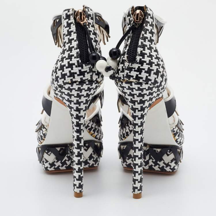 Pre Owned Sophia Webster Black/White Woven Raffia and Leather Platform Ankle Strap Sandals Size 36