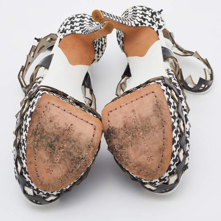 Pre Owned Sophia Webster Black/White Woven Raffia and Leather Platform Ankle Strap Sandals Size 36