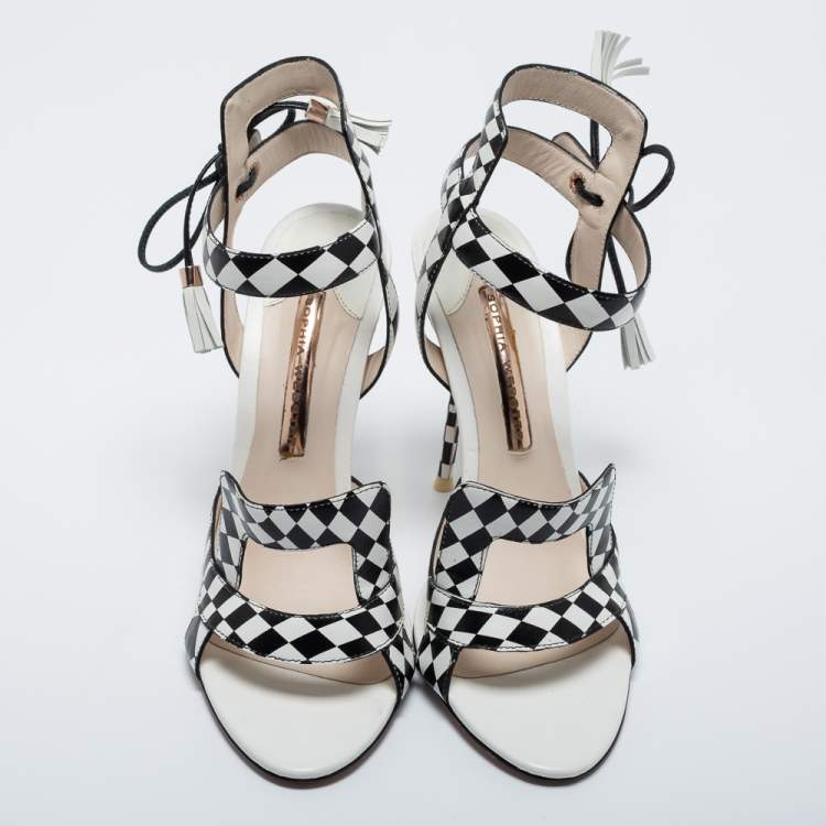 مملوكة مسبقًا Sophia Webster White/Black Checkered Leather Poppy Sandals Size 39