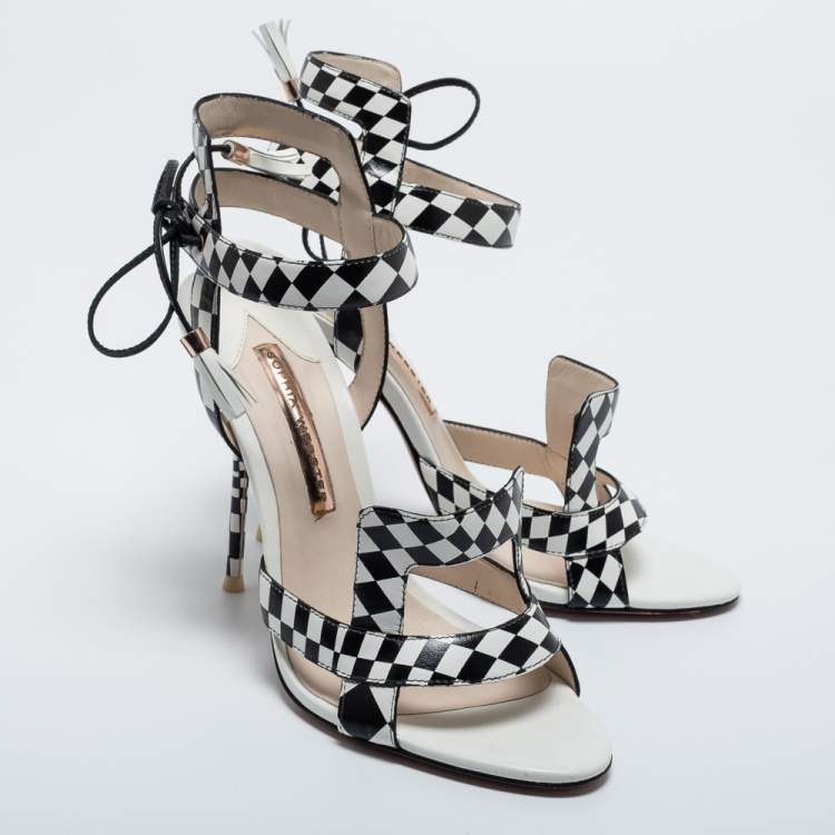 مملوكة مسبقًا Sophia Webster White/Black Checkered Leather Poppy Sandals Size 39
