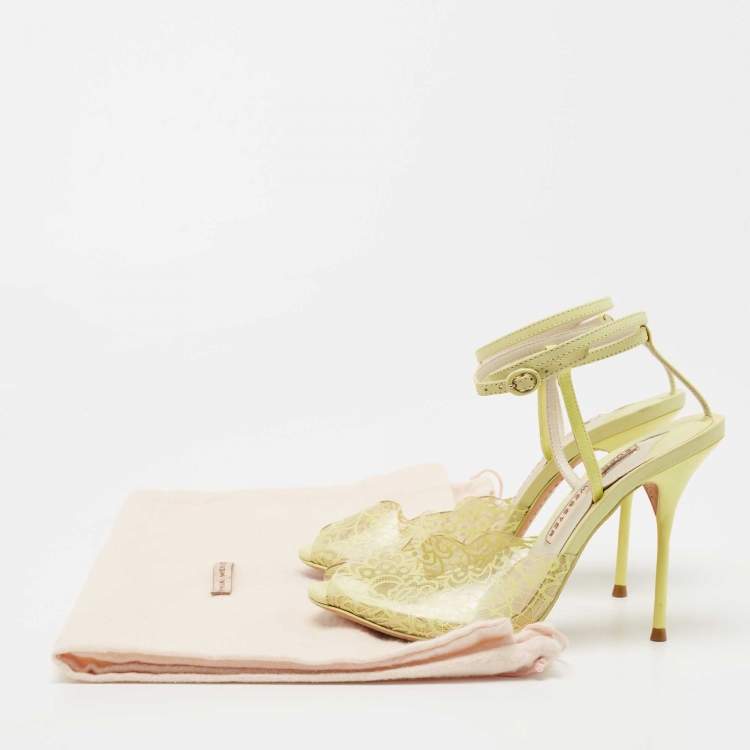 Pre Owned Sophia Webster Yellow Leather and Lace Print PVC Peep Toe Ankle Strap Sandals Size 37