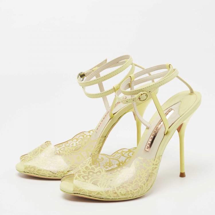 Pre Owned Sophia Webster Yellow Leather and Lace Print PVC Peep Toe Ankle Strap Sandals Size 37