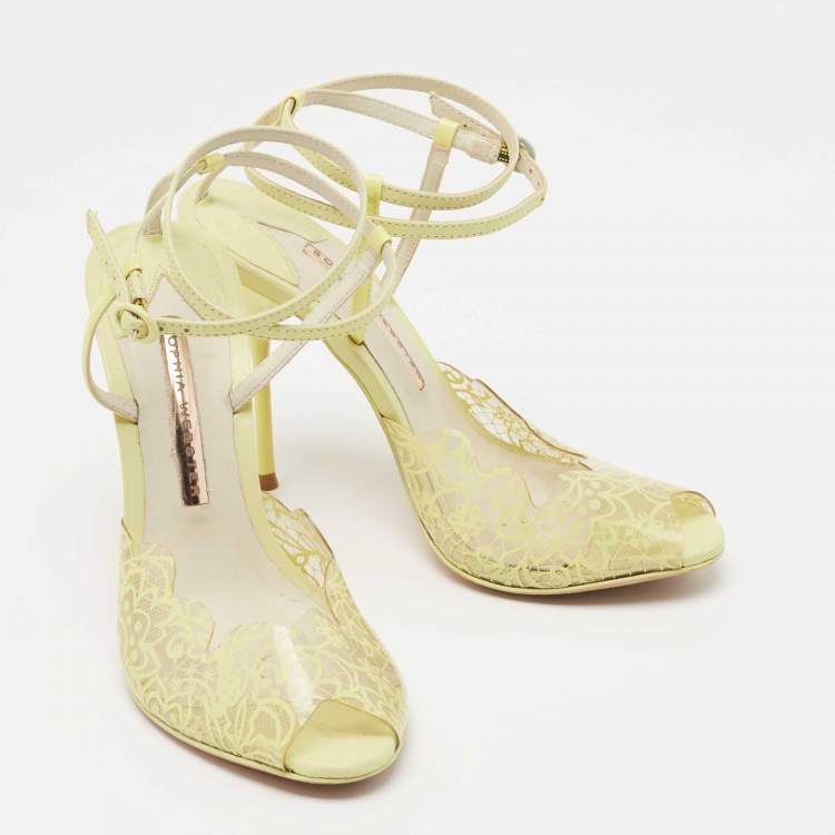 Pre Owned Sophia Webster Yellow Leather and Lace Print PVC Peep Toe Ankle Strap Sandals Size 37
