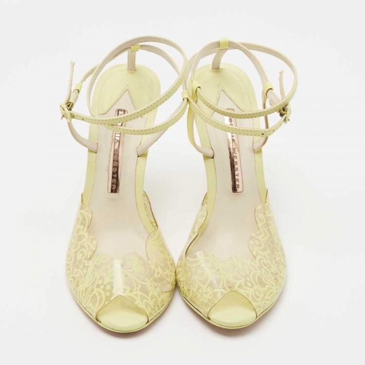 Pre Owned Sophia Webster Yellow Leather and Lace Print PVC Peep Toe Ankle Strap Sandals Size 37