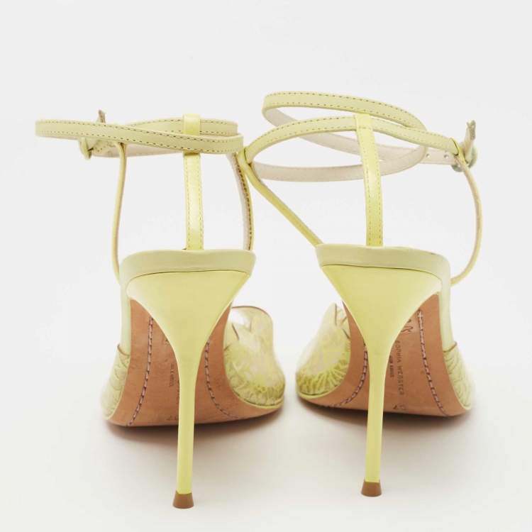 Pre Owned Sophia Webster Yellow Leather and Lace Print PVC Peep Toe Ankle Strap Sandals Size 37